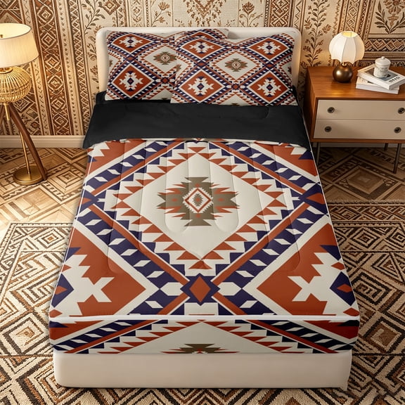 Erosebridal Boho Aztec Zipper Twin Comforter Sets with Fitted Sheet and 2 Pillowcases,Tribal Style Zipper Bedding Set,Terracotta Navy,Black Reversible