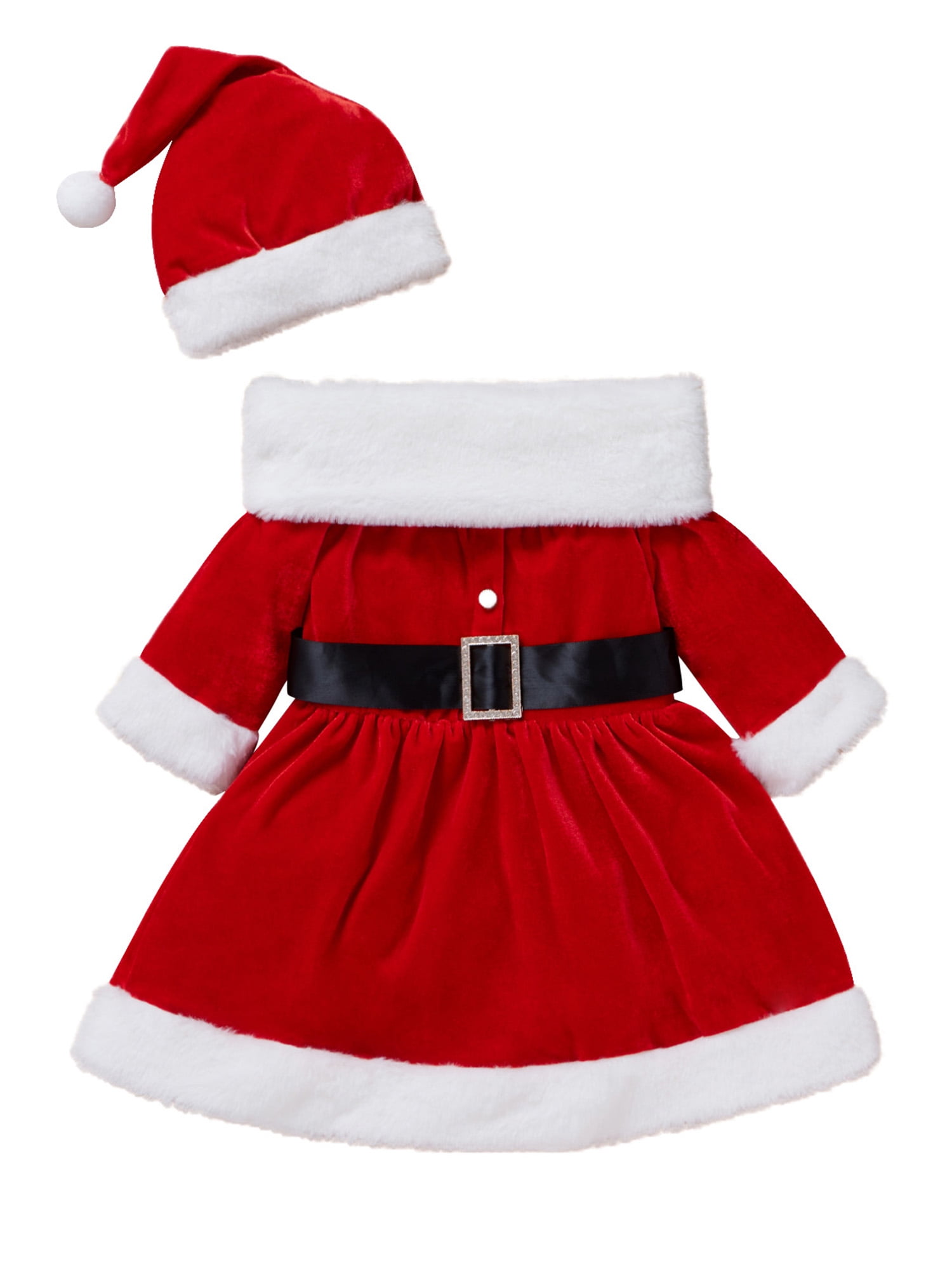 Jamlynbo Toddler Baby Girl Christmas Outfit Xmas Dress Long Sleeve Red  Velvet Santa Dresses Fur Scarf Santa Hats 3Pcs 