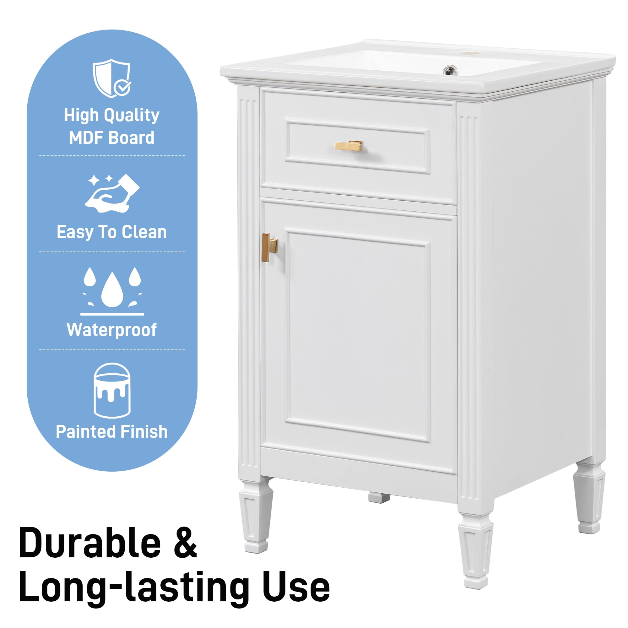 Euroco 20" Bathroom Vanity with Integrated Ceramic Sink, Soft-Close Hinges and Drawer Storage, Solid Wood Legs