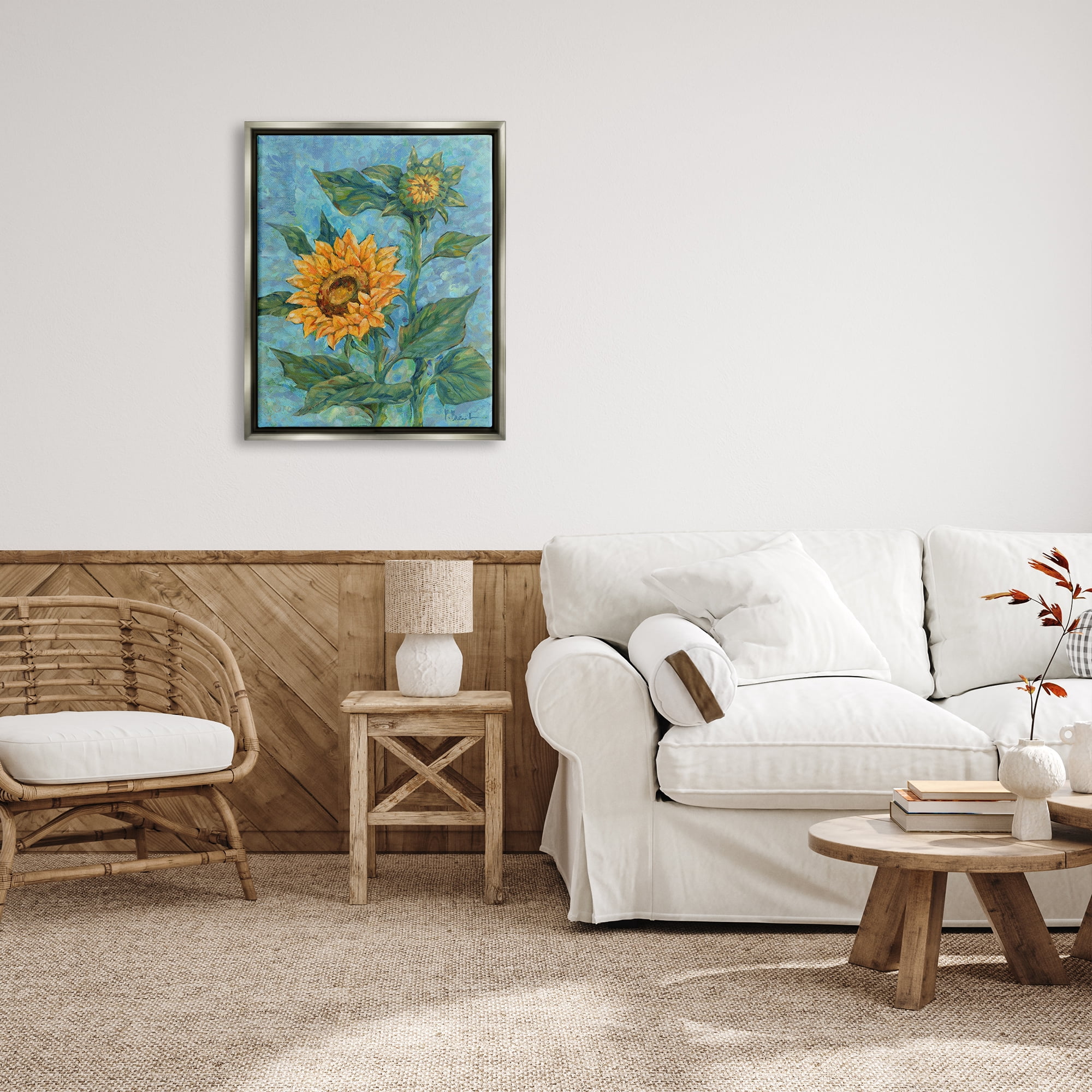 Stupell Industries Classic Style Sunflower Buds Botanical & Floral Painting Gray Floater Framed Canvas Art Print Wall Art, 25 x 31