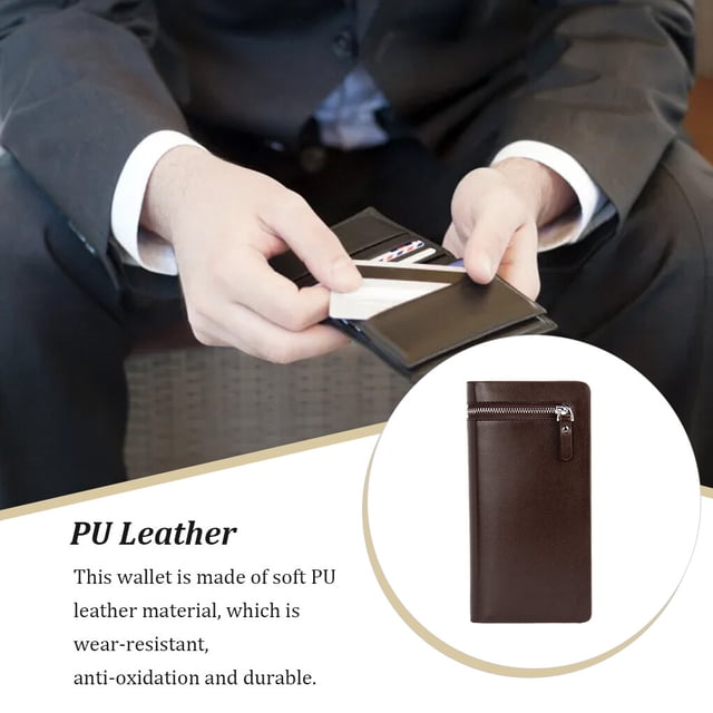 facefd Men Long Wallet Simple Style Credit Card Holder Solid Color Purse Leather Handbag Phone Keys Multi-card Bag Large Capacity Coffee color