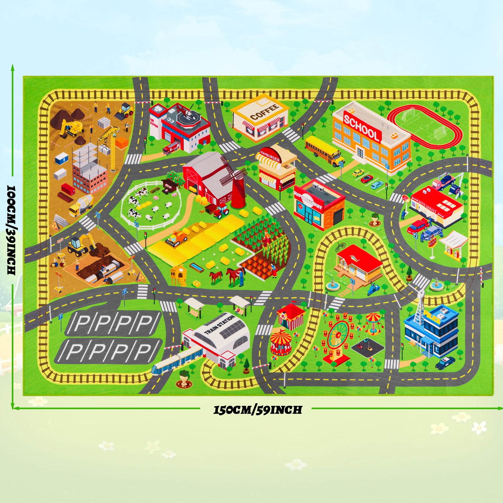Car Rugs for Kids Toy Cars, Non-Slip Kids Play Rug, Town City Road Carpet for Kids Boys Playroom Bedroom, Washable Car Track Playmat Vehicle Mat for Children Baby (City, 59"X39.4")