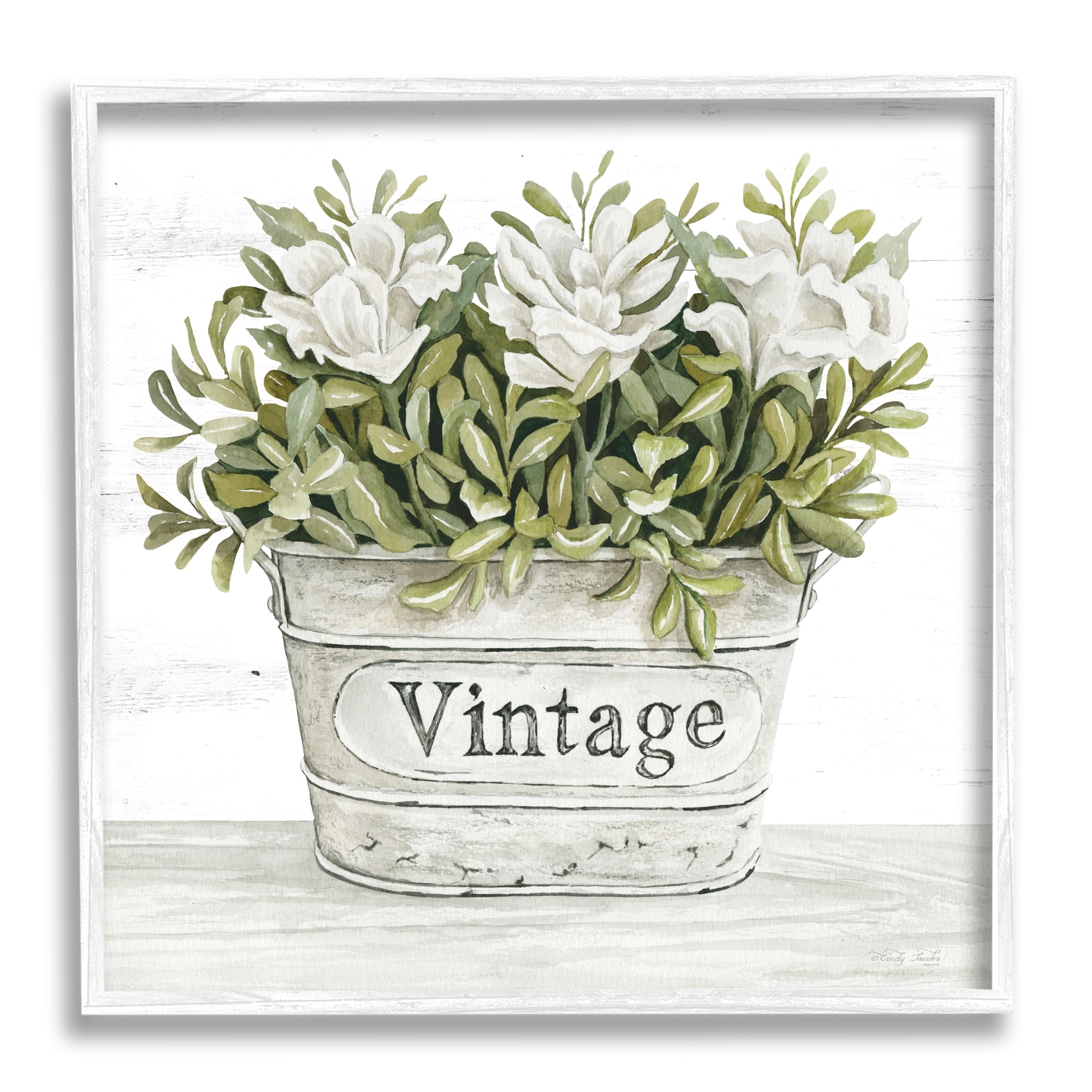Stupell Industries Vintage Flower Planter Rustic Blooms Full Leaves Painting White Framed Art Print Wall Art, Design by Cindy Jacobs