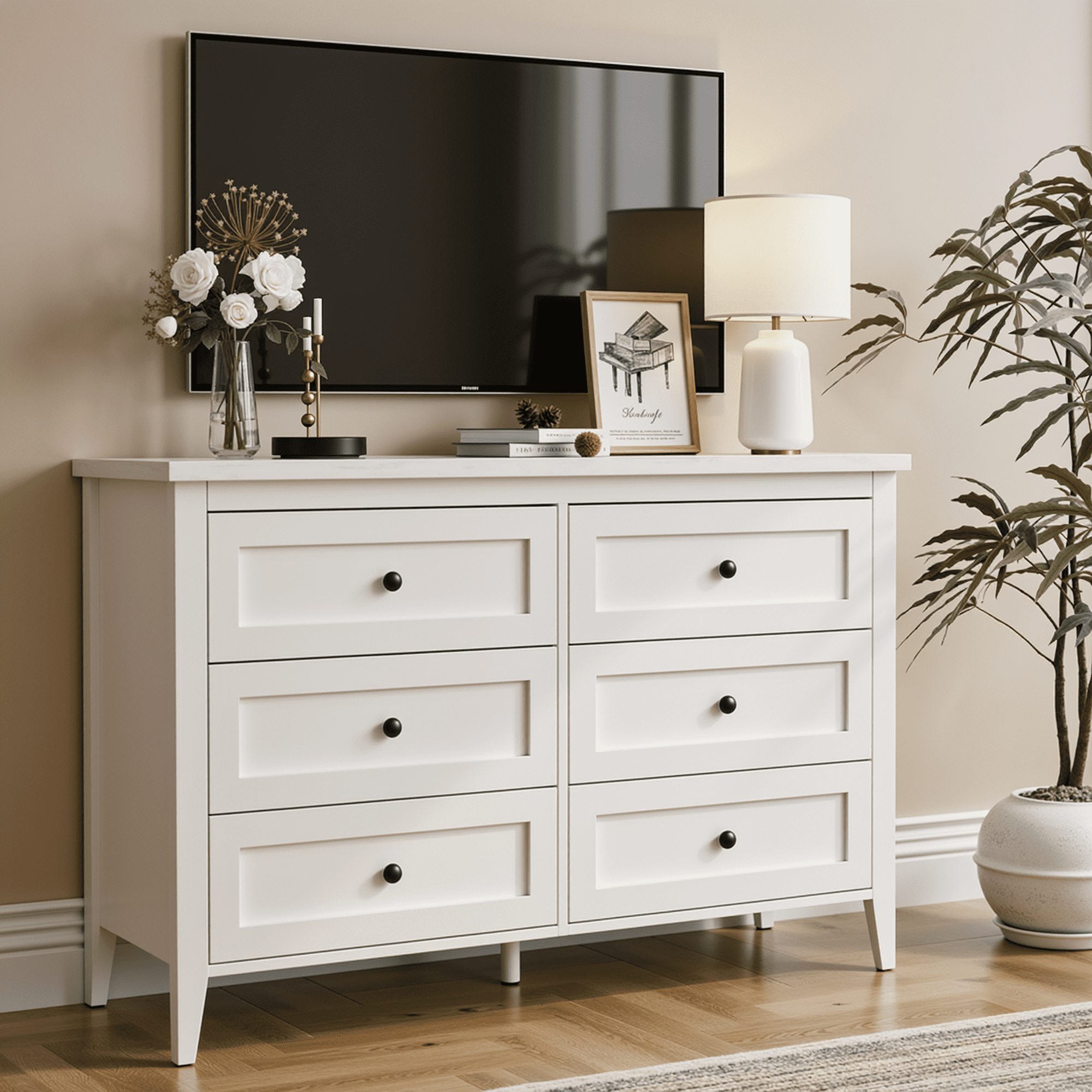 RichYa 6 Drawer Dresser for Bedroom,Chest of Drawers with Metal Knobs,Dresser for Closet,White