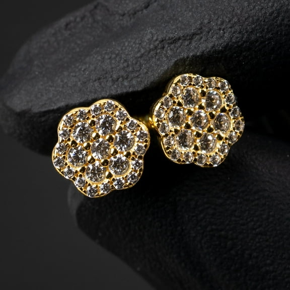 Small Iced 5A Cz Yellow Gold Plated 925 Sterling Silver Screw Back Post Honey Comb Flower Set Cluster Round Stud Hip Hop Trendy Style Circle Earrings