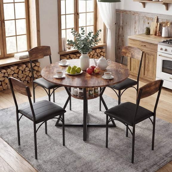 Wisakey Round Dining Table Set for 4-Wood Round Kitchen Table with 4 Upholstered Chairs, Brown Wood Grain Top & Black Steel Frame, Round Dinner Table for Small Space