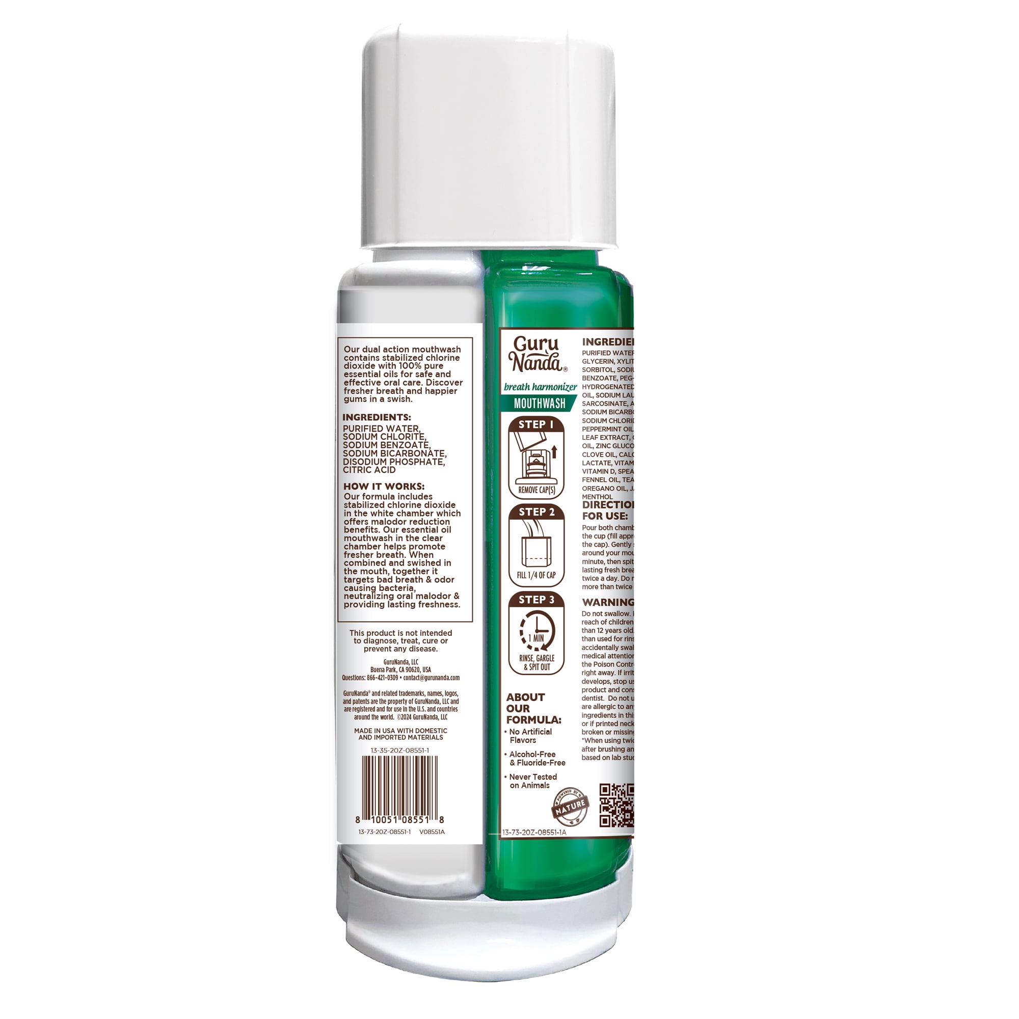 GuruNanda Dual Barrel Breath Harmonizer Mouthwash - Fresh Breath - Alcohol & Fluoride Free -  20 fl oz