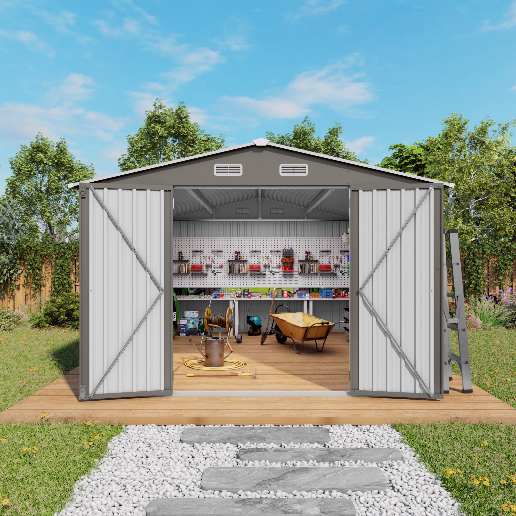 Leumius 10x12 FT Outdoor Storage Shed Large Metal Garden Shed with Double Door and Two Translucent Windows Waterproof Tool Shed for Backyard Patio Lawn Poolside, Grey
