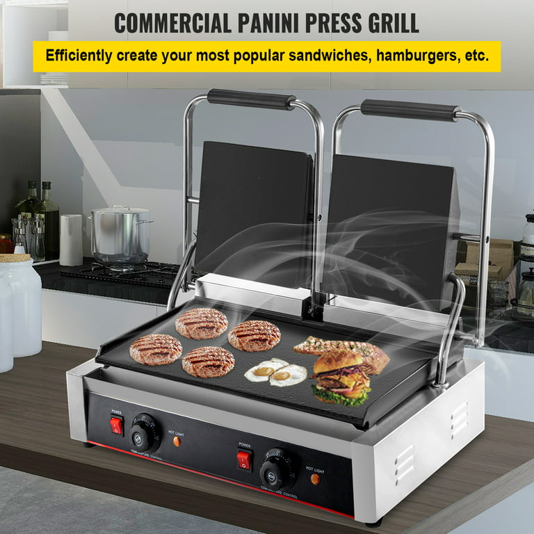 VEVORbrand 110V Commercial Sandwich Press Grill 3600W Electric Panini Maker  Non-Stick 122°F-572°F Temp Control Double Flat Plates for Hamburgers