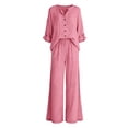 thumbnail image 4 of Women's Two Piece Set, Long Sleeve Button Down Shirt and Elastic Waist Wide Leg Pants, Matching Linen Blend Resort Wear, Beach Cover Up and Loungewear Set for Women-Pink, 4 of 4