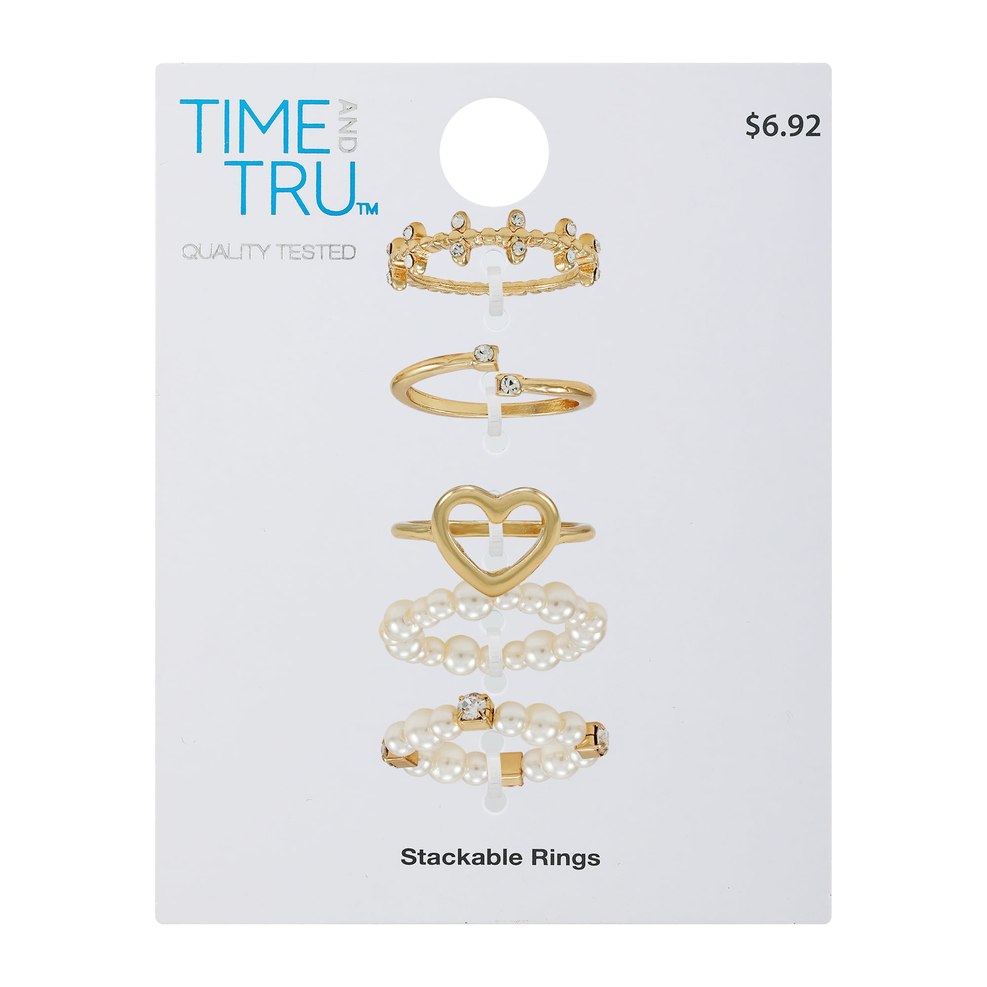 Time and Tru Crystal and Faux Pearl Stackable Ring Set, 5Piece