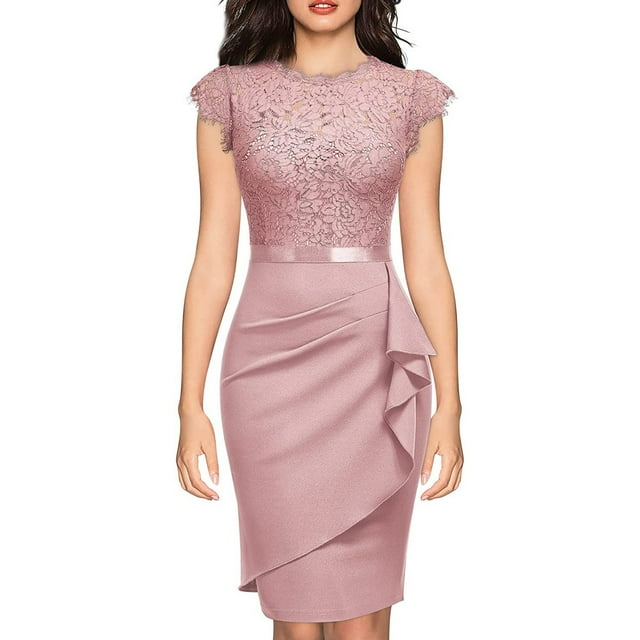 Vestido elegante de cóctel con mangas cortas con volantes y encaje floral para mujer - Diseño estampado, lavado a mano