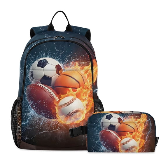 ALAZA Basketball Soccer Ball Baseball School Backpack Lunch Box Set Student Bookbag