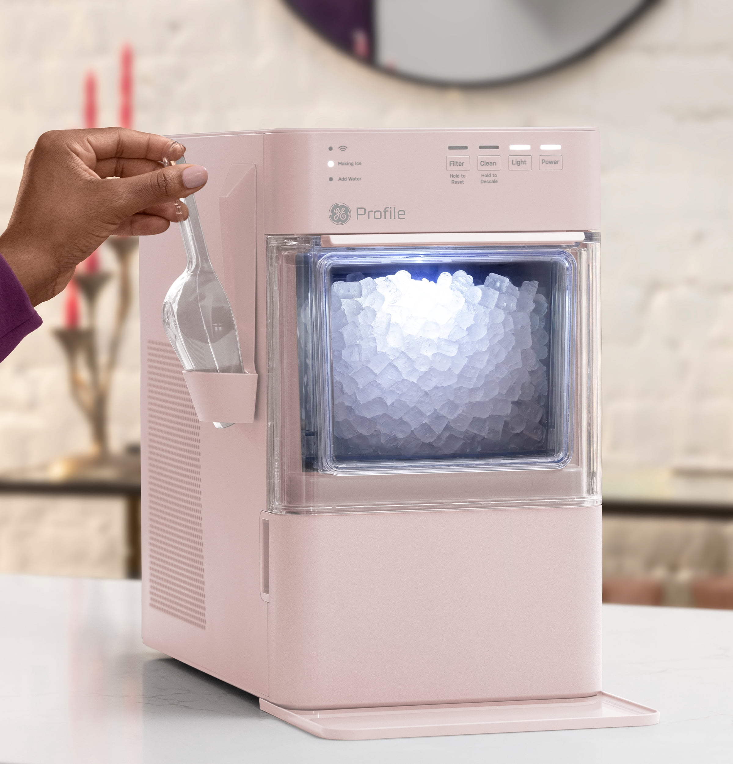 GE Profile Opal Mini Countertop Nugget Ice Maker WiFi Connected Auto Clean Peony Pink