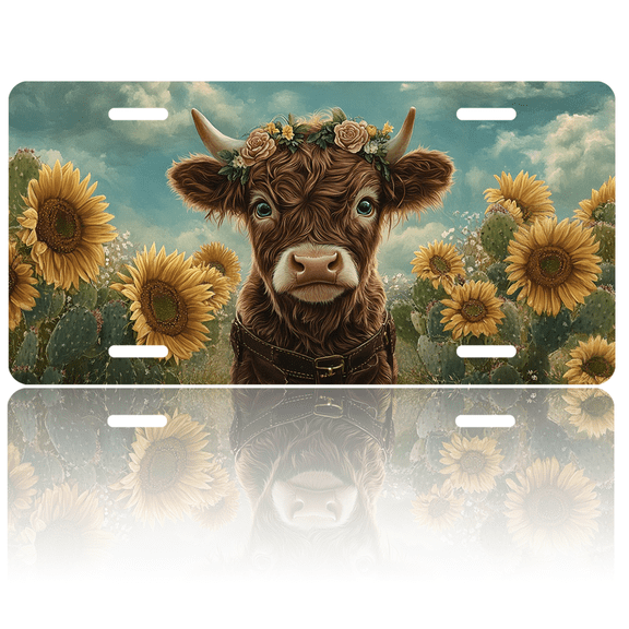 1 Pcs 2D Flat License Plate Covers & Frames, A Cow with a Flower For Decorative Front, Waterproof For Decoration Aluminum License Plate Covers & Frames Cover For Men Women, 12" X 6"