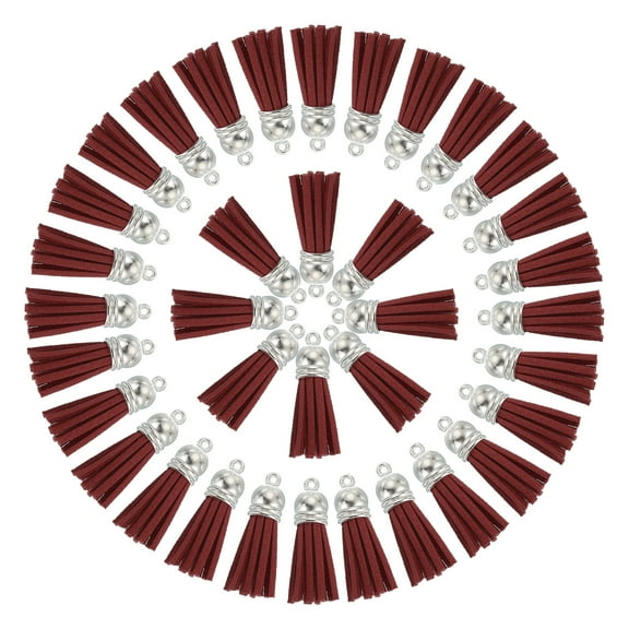 Uxcell 50 Pcs Keychain Tassels Bulk for Crafts, 1.5 Inch Leather Tassel Keychain Charm Ring, Dark Red