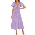 thumbnail image 1 of Mgmyaa Robe d'Été Bohème à Manches Bouffantes Ligne A Décontractée Longue Robe Smockée Col en V Peplum, 1 of 8