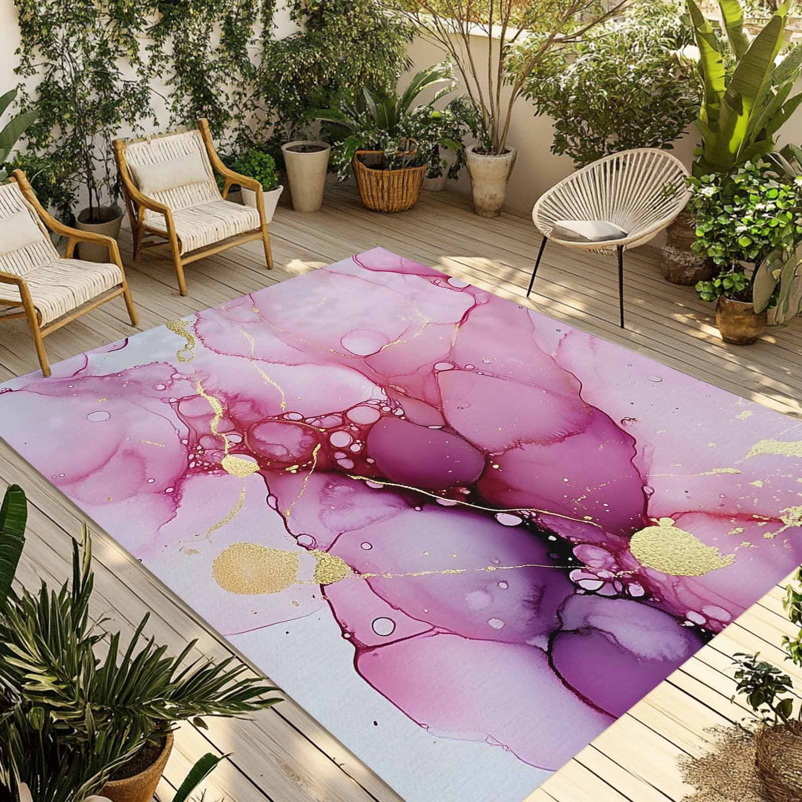 Outdoor Rug 5x8ft Ombre Pink Golden Marble Texture Large Area Rug Abstract Art Indoor Outdoor Carpet Outdoor Rugs Mats for Patio Camping,RV,Front Door, Outside Decor