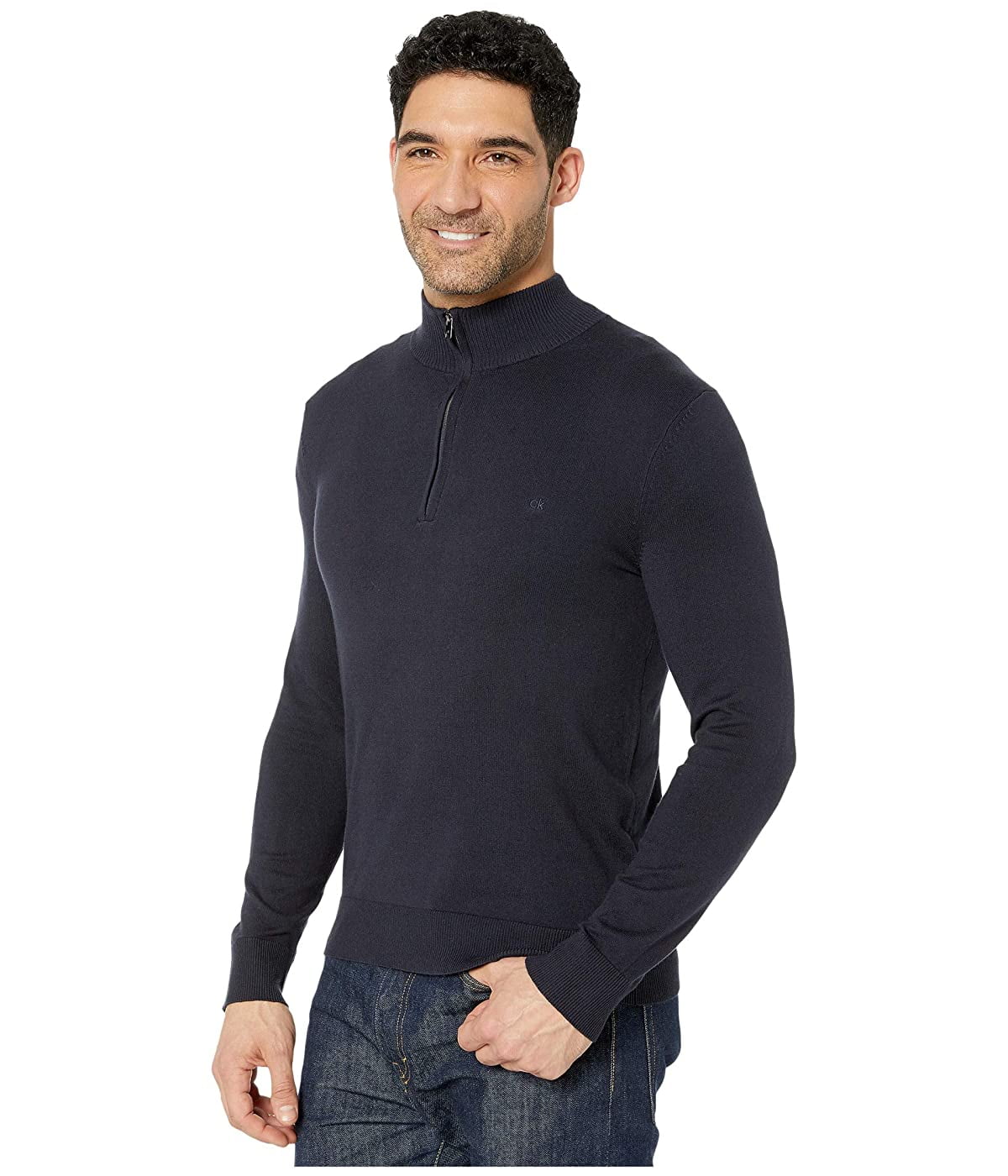 Quarter-Zip Long KLEIN L Sleeve Sweater Collared Pullover Lightweight Blue Mens CALVIN
