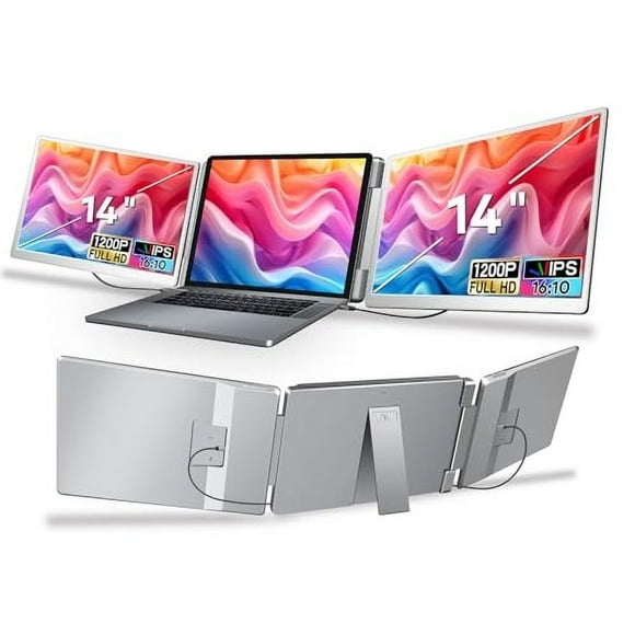 WEU Laptop Screen Extender, 14" 1200P FHD Triple Monitor for Laptop Extension- 205° Rotate Portable Dual Monitor Screen for 12-16.5" Laptops Type-C/HDMI/USB