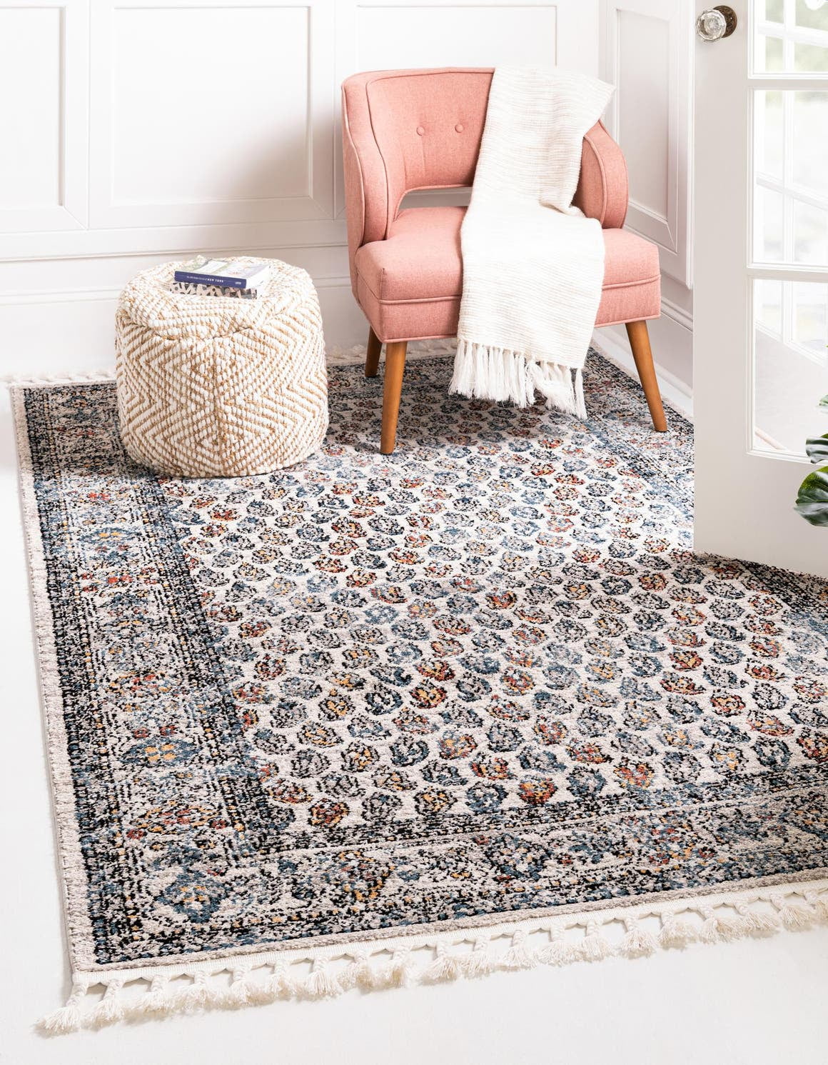 Ivory and Multi Geometric Braided Fringe Area Rug 3'3" x 5'3"