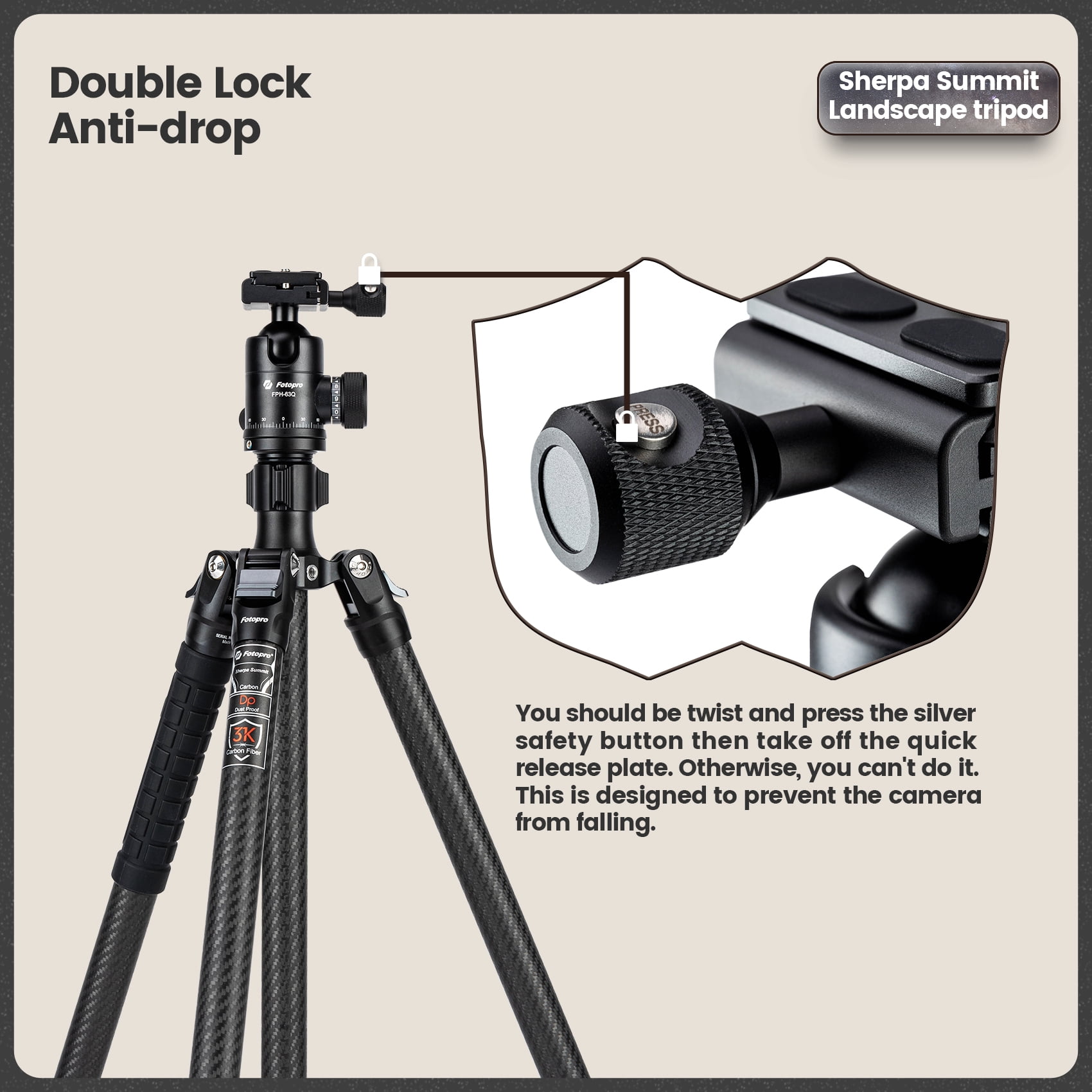 Fotopro 68.8" Carbon Fiber Travel Tripod with Ball Head, Lightweight Camera Tripod Stand for Video Recording, QR Plate, Hidden Phone Clip, Max Load 26.5 lbs, Converts to 72.4" Monopod, Sherpa Summit