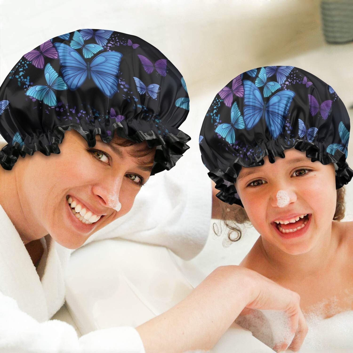 Shower Caps,Black Blue Purple Butterfly Pattern Waterproof Shower Cap for Women 4 Pieces,Double Reusable Hair Cover for Shower PEVA Elastic Stretch Hem