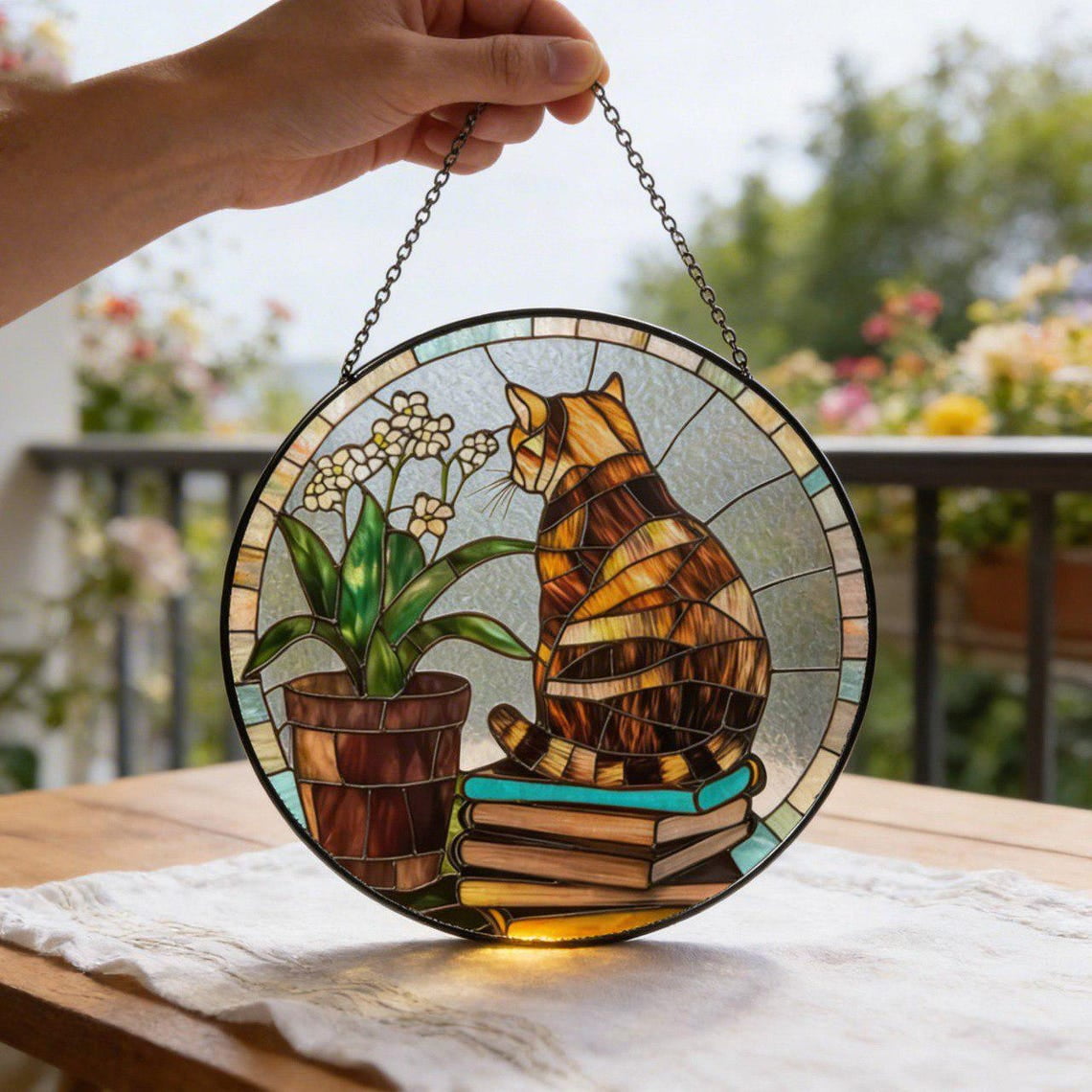 Cat Reading Book Glass Suncatcher Cozy Pet Lover Window Art Bookish Home Decor 3.5 in