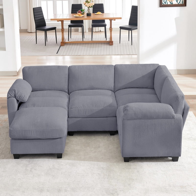 RIAFUN Modular Sectional Sofa, L Shaped Corduroy Sofa Couch, Modular Sectionals with Ottomans, 5 Seat Sofa Couch with Chaise for Living Room Bedroom, Dark Gray