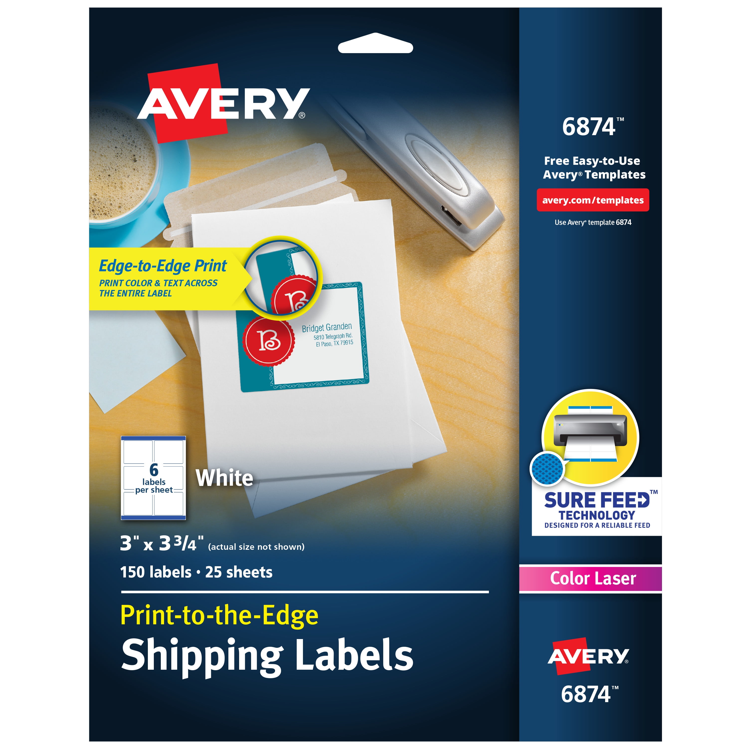 Avery Square Labels with Sure Feed 60 Glossy White Labels 3 x 3 36481 