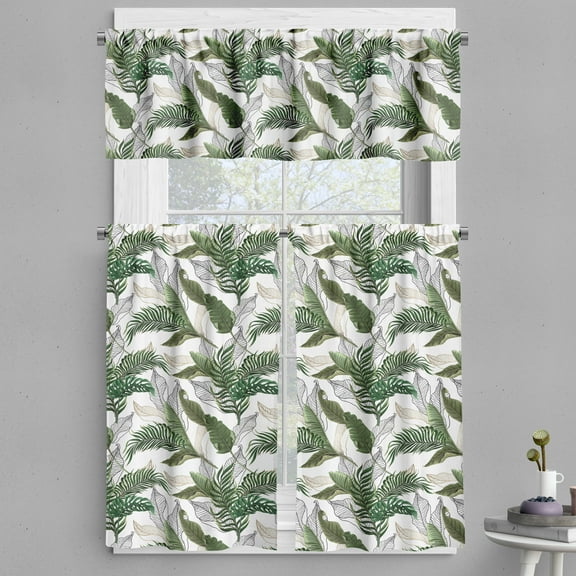 Ambesonne Tropical Valance & Curtain, Hawaii Exotic Palm Leaves, 55"x24", Army Green Emerald and White