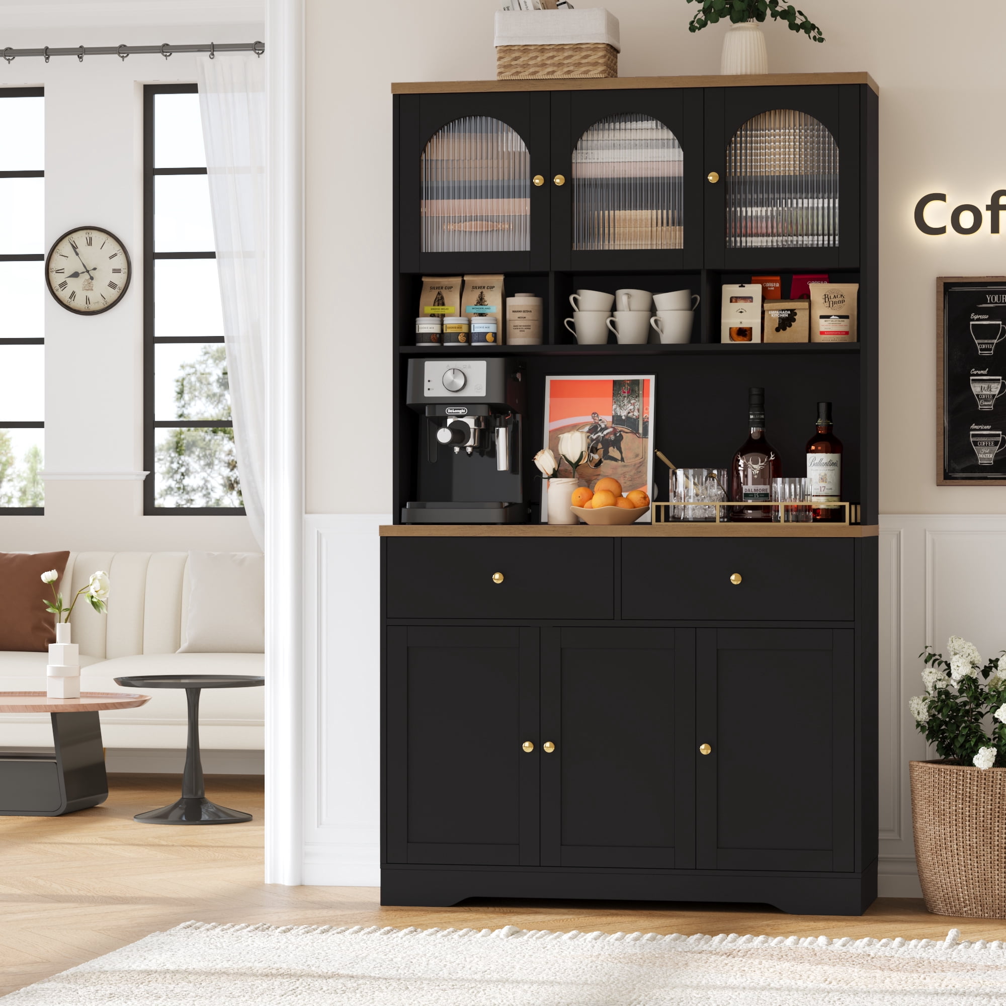 Hiphuta 71"in Modern Kitchen Pantry Storage Cabinet, Freestanding Coffee Kitchen Hutch Cabinet with Adjustable Shelves & Microwave Stand, Modern Coffee Hutch for Dining Room, Black
