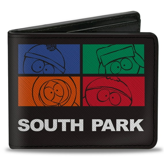 Comedy Central Wallet, Bifold, South Park Boys Face Blocks and Text Black Multi Color, Vegan Leather