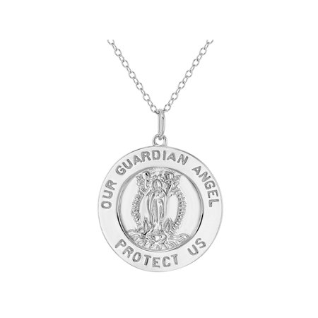 925 Sterling Silver Guardian Angel Round Medal Religious Pendant Necklace 19