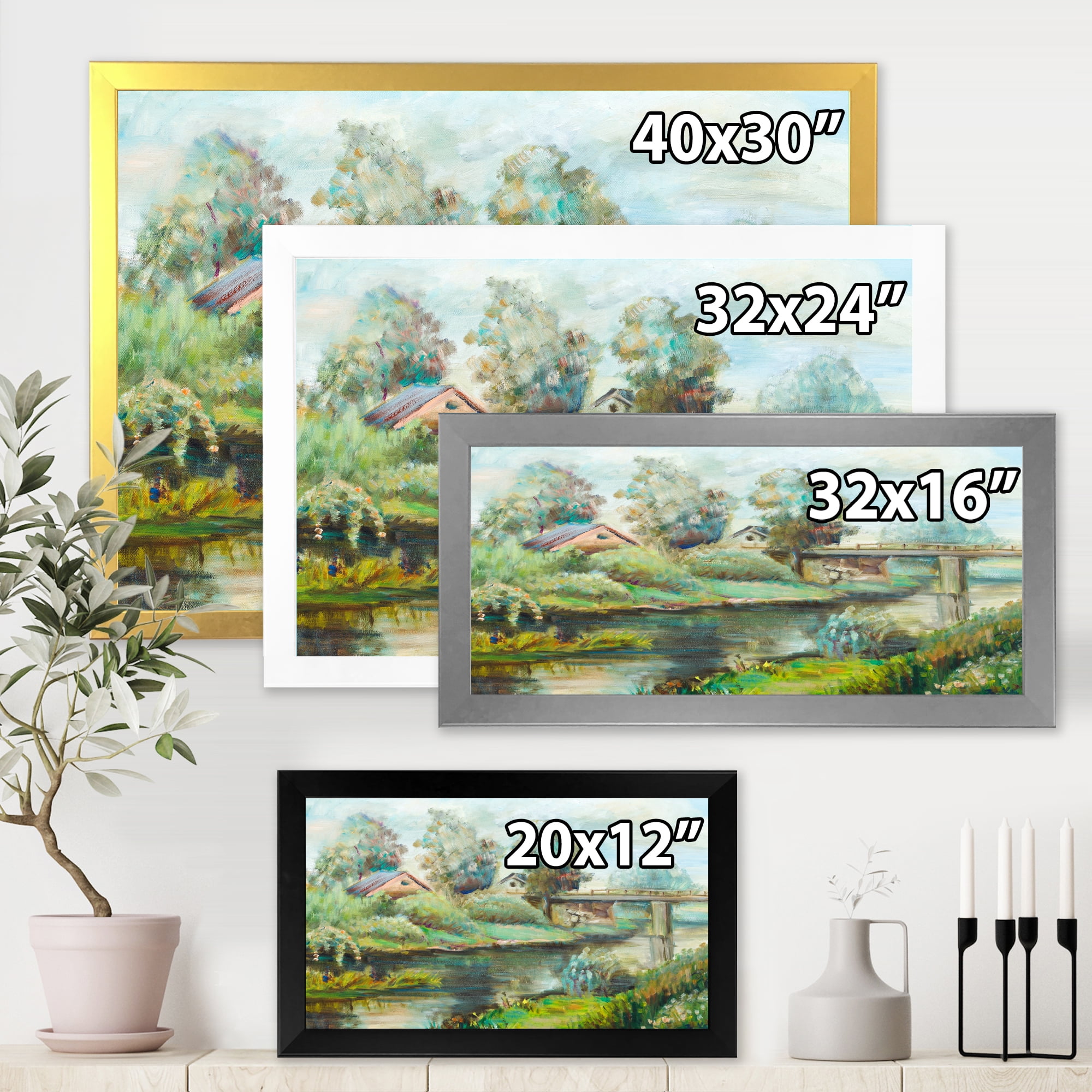 Designart 'Rustic Landscape With Bridge On The River' Lake House Framed Art Print