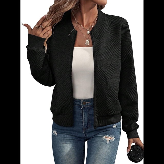 Chaqueta Informal de Mujer con Cuello Alto y Cremallera, Ideal para Otoño. Conjuntos con Bolsillos. Negro XXL