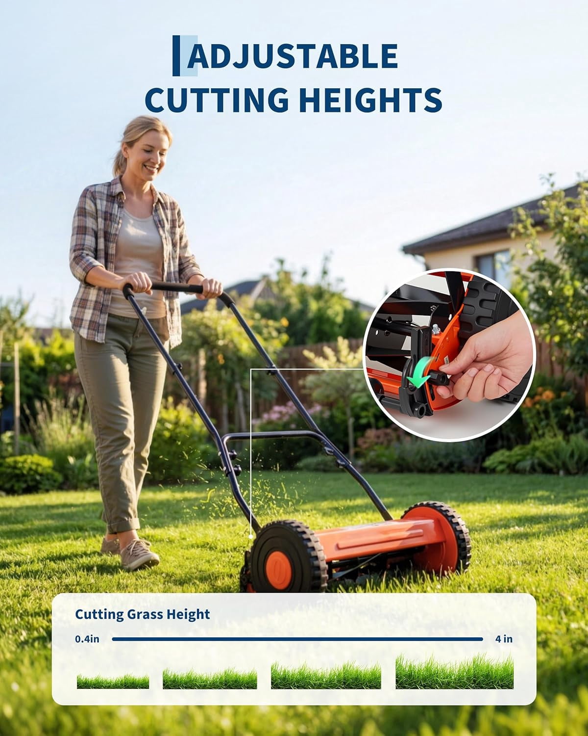 14in Push Reel Lawn Mower 5-Blade Manual Walk-Behind Mower Adjustable Cutting Height Compact Quiet for Small Yards and Easy Lawn Care