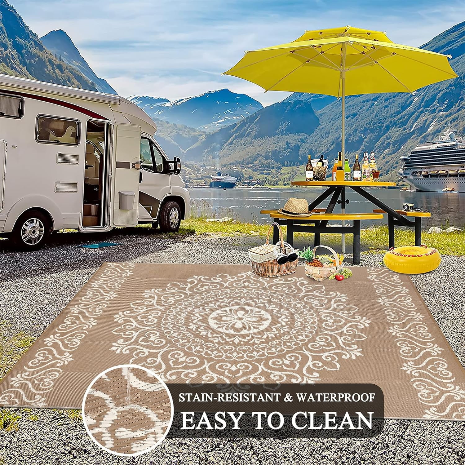 MJIAexp 9'x12' Brown Outdoor Rug Patio Rug Waterproof RV Outdoor Rug Camping Rugs Reversible Plastic Straw Rug Large Outdoor Mat for Camping, Balcony Apartment, Patio, Porch, Picnic, Beach