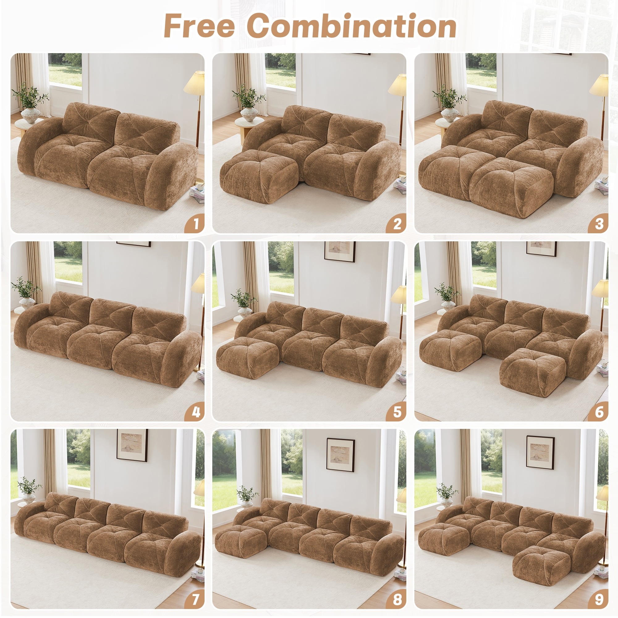 Aukfa Velvet Tufted Modular Sectional Sofa, 116" L-Shaped Boneless Couch with Ottoman for Living Room, Brown