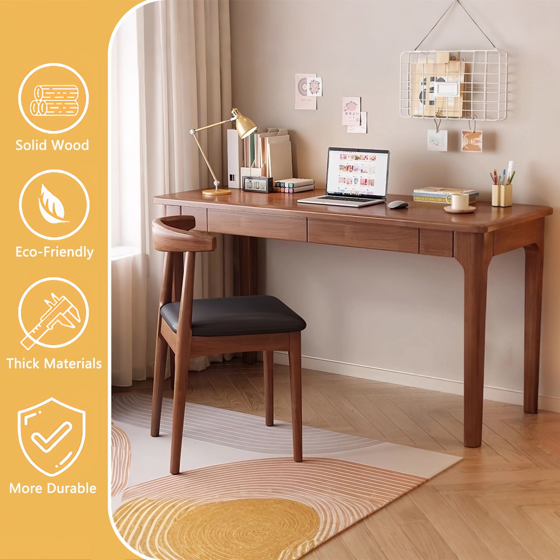 CQSXDA Solid Wood Standing Desk with Drawers in Natural Finish, Mid Century Modern Office Desk for Small Spaces
