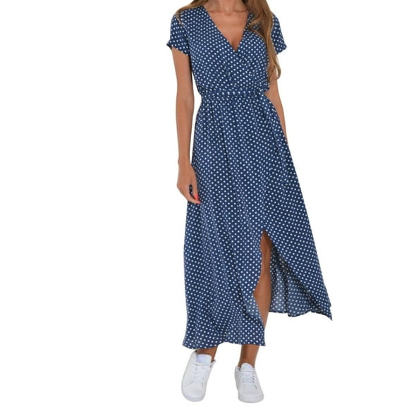 TJAZFJPA Knee Length Dresses for Women Women's Vacation Polka Dot Printed Tie Waist V Neck Mid Length Short Sleeved Dress Ballet Dress Smocked Dresses for Women