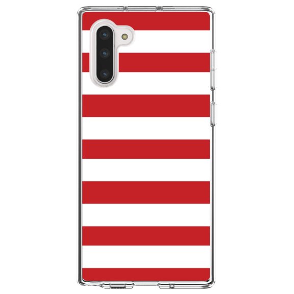 DistinctInk Clear Shockproof Hybrid Case for Samsung Galaxy Note 10 (6.3" Screen) - TPU Bumper, Acrylic Back, Tempered Glass Screen Protector - Red & White Bold Horizontal Stripes