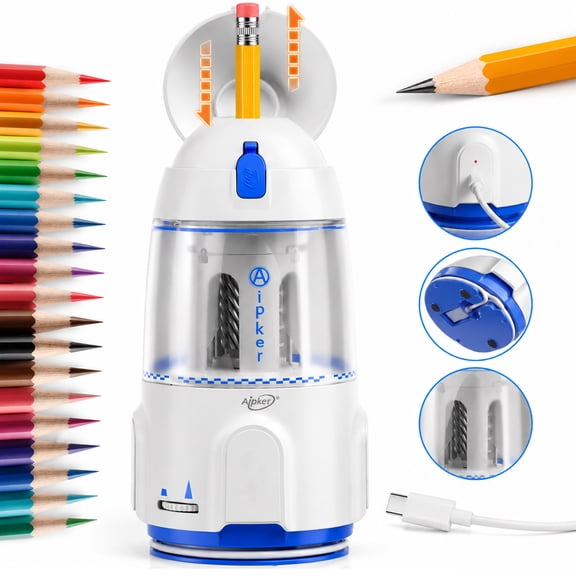 Aipker Electric Pencil Sharpener, Rechargeable Automatic Pencil Sharpener with Auto Feed, Stop & Eject, Rocket-Inspired Design for 7-12mm Standard & Jumbo Pencils, Classroom & Home Use