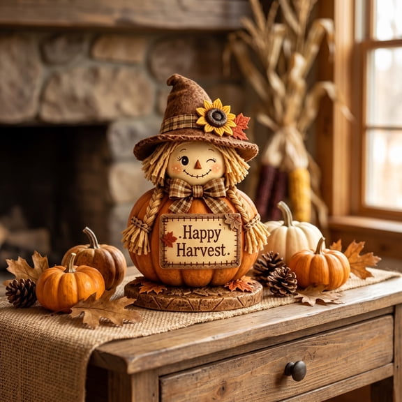 Fall Scarecrow Pumpkin Figurine Set 3 Piece, Resin Tabletop Decor with Welcome Fall and Happy Signs, Vintage Straw Maple Sunflower Statue for Mantel Shelf and Porch, Thanksgiving Halloween Gift