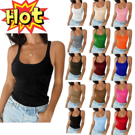 pstuiky Womens Summer Tops Summer Solid Color Crew Neck Camisole Blouses Lightweight Slim Fit Sleeveless Spaghetti Straps Tank Tops for Women