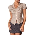thumbnail image 3 of Ichuanyi Women's V-neck Striped Plaid Button Shirt Short Sleeve Casual Loose Versatile Blouse Tops, 3 of 8