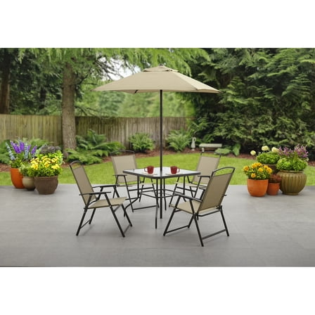 Mainstays Albany Lane 6-Piece Steel Outdoor Patio Dining Set with Umbrella, Tan
