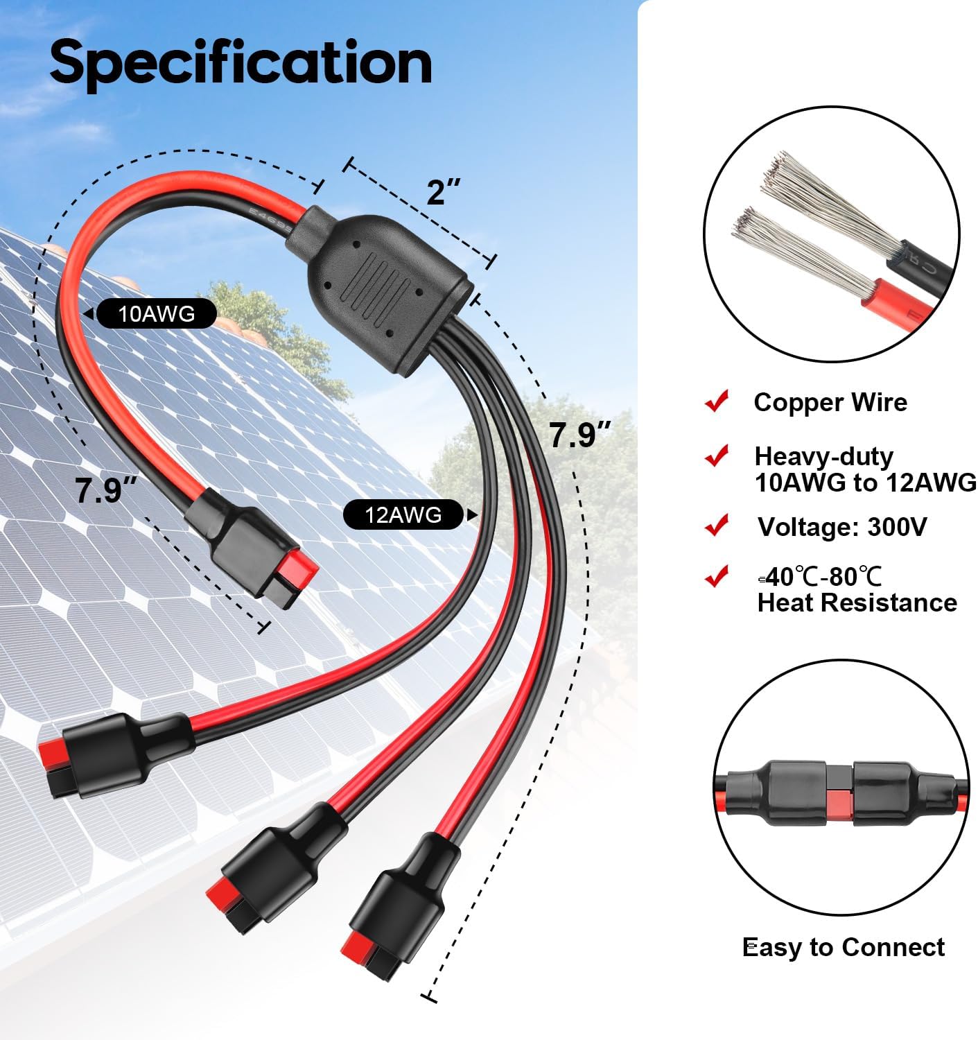 Anderson Y Splitter Cable Solar Panel Connector 1 to 3 Branch Parallel Adapter Cable for Portable Solar Generator Power Station Compatible with Goal Zero Jackery High Power Pole Port Connector