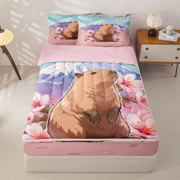 Homewish Kids Capybara Zipper Twin Comforter Sets with Fitted Sheet and 2 Pillowcases For Capybara Lovers,Japanese Cherry Mountain Zipper Bedding Set,Reversible,4-Piece