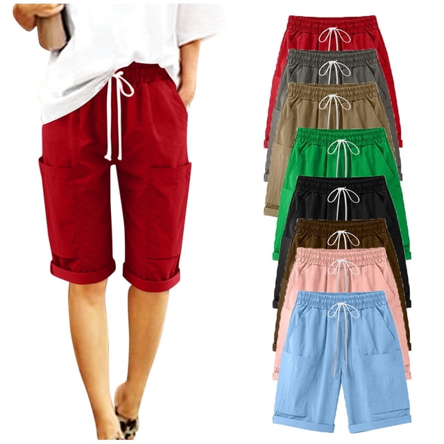 Women's Solid Color Capris, Casual Drawstring Shorts with Pockets, Breathable Stretchy Comfy, Lounge Running Workout, Summer Travel Essentials,Pink XL
